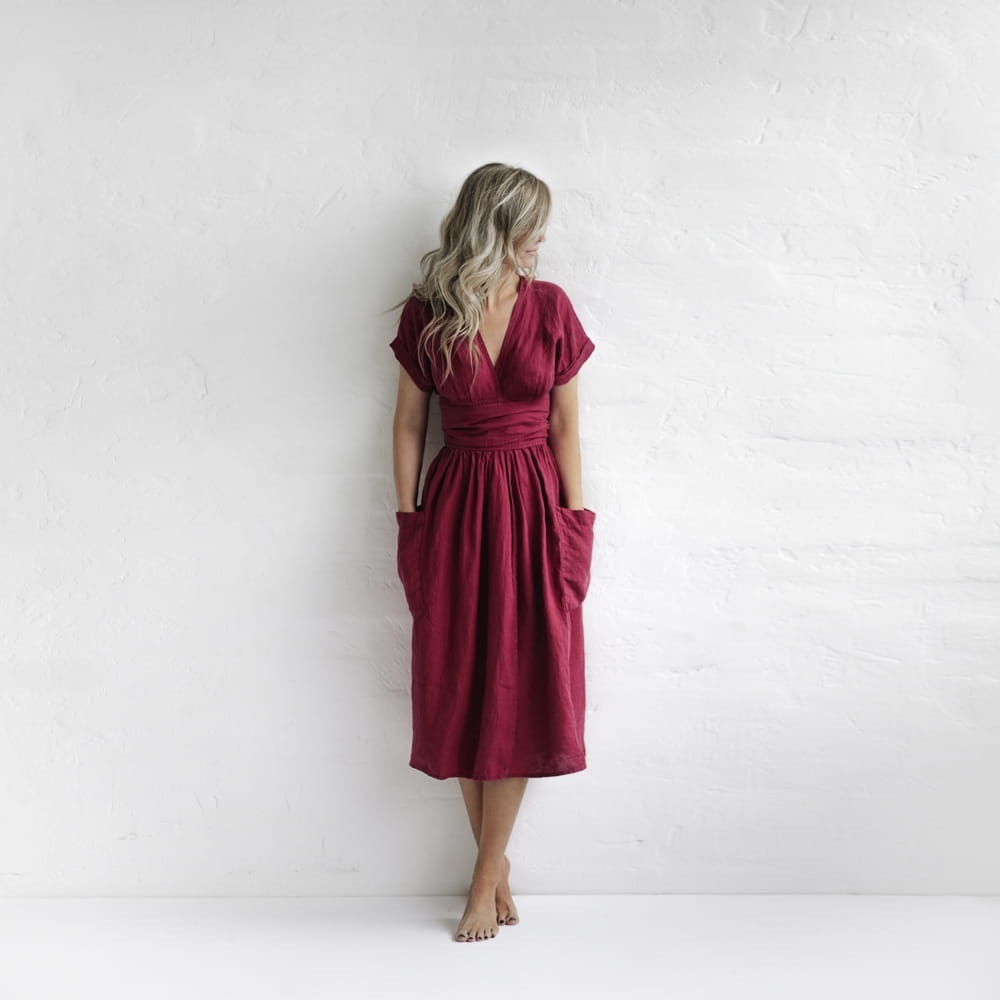 Seaside Tones linen kimono wrap dress in raspberry